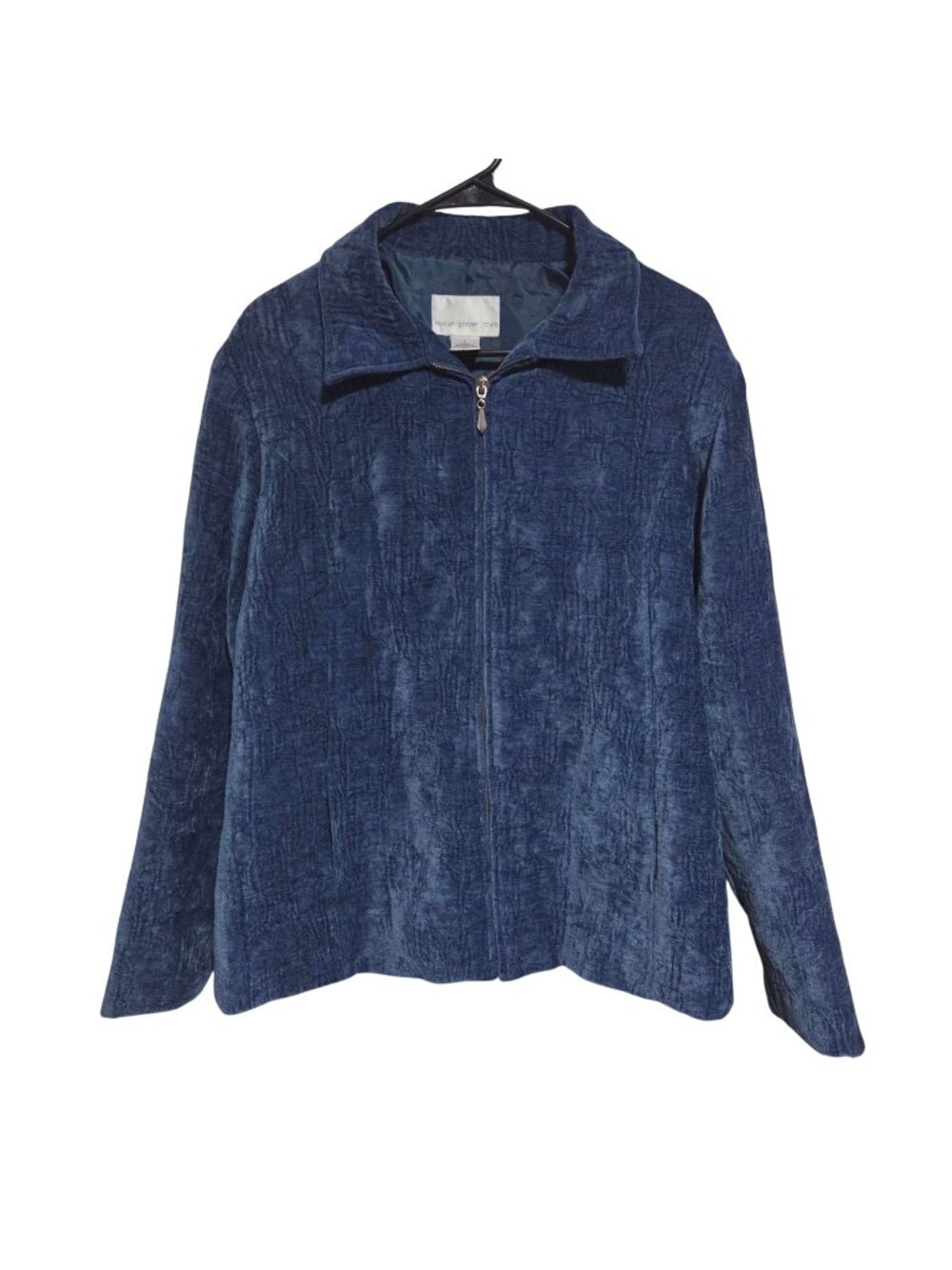 Susan Graver Style Jacket Womens Size L Blue Crushed Velour Feel Zip Up Lined